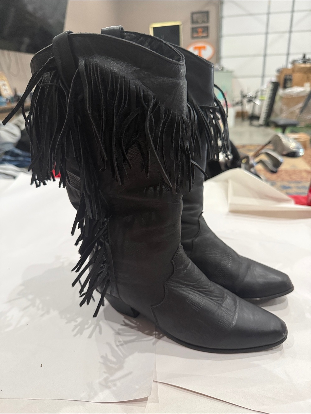 dingo Black Leather Fringe Mid-Calf Heeled Boots